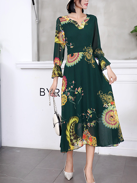 Green Colorful Fit & Flare Midi Long Sleeve Plus Size Dress for Party Evening Cocktail