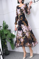 Black Pink Colorful Fit & Flare Floral Long Sleeve Midi Dress for Party Evening Cocktail