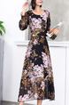 Black Pink Colorful Fit & Flare Floral Long Sleeve Midi Dress for Party Evening Cocktail