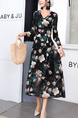 Black Colorful Floral Long Sleeve Fit & Flare Midi V Neck Dress for Party Evening Cocktail