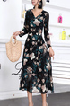 Black Colorful Floral Long Sleeve Fit & Flare Midi V Neck Dress for Party Evening Cocktail