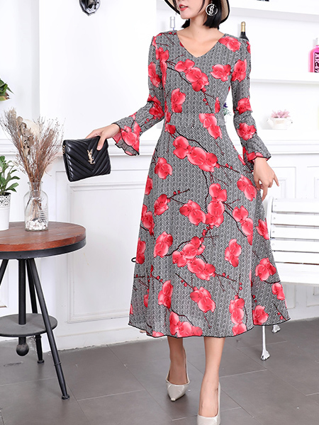 Gray and Red Long Sleeve Floral Fit & Flare Midi V Neck Plus Size Dress for Party Evening Cocktail Office