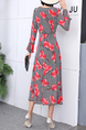 Gray and Red Long Sleeve Floral Fit & Flare Midi V Neck Plus Size Dress for Party Evening Cocktail Office