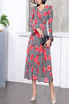 Gray and Red Long Sleeve Floral Fit & Flare Midi V Neck Plus Size Dress for Party Evening Cocktail Office