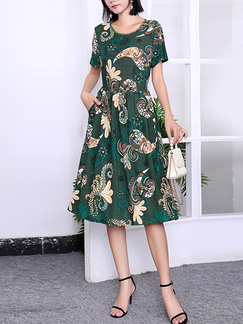 Green Colorful Fit & Flare Midi Plus Size Round Neck Dress for Casual Party Office