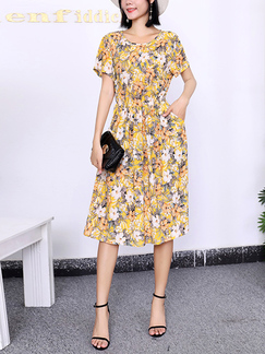 Yellow Colorful Fit & Flare Floral Midi Plus Size Round Neck Dress for Casual Party Office
