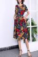 Blue Colorful Fit & Flare Floral Round Neck Midi Plus Size Dress for Casual Party Office