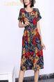 Blue Colorful Fit & Flare Floral Round Neck Midi Plus Size Dress for Casual Party Office