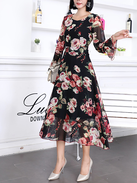 Black Colorful Long Sleeve Fit & Flare Midi Floral Dress for Party Evening Cocktail Office