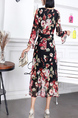 Black Colorful Long Sleeve Fit & Flare Midi Floral Dress for Party Evening Cocktail Office