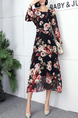 Black Colorful Long Sleeve Fit & Flare Midi Floral Dress for Party Evening Cocktail Office