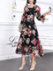 Black Colorful Long Sleeve Fit & Flare Midi Floral Dress for Party Evening Cocktail Office