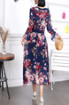 Blue Pink Colorful Long Sleeve Fit & Flare Midi Floral Dress for Party Evening Cocktail Office