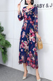 Blue Pink Colorful Long Sleeve Fit & Flare Midi Floral Dress for Party Evening Cocktail Office