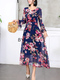 Blue Pink Colorful Long Sleeve Fit & Flare Midi Floral Dress for Party Evening Cocktail Office