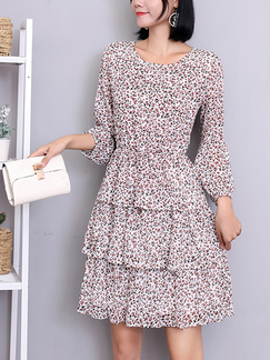 White Colorful Fit & Flare Above Knee Long Sleeve Dress for Casual Party Office Evening