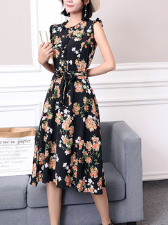 Black Colorful Fit & Flare Knee Length Floral Dress for Casual Party Office Beach
