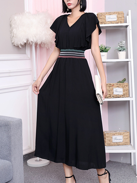 Black Maxi V Neck Dress for Casual Party Office Evening