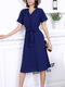 Blue Knee Length Button Down Wrap V Neck Dress for Casual Party Evening Office