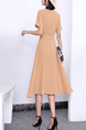 Beige Knee Length Button Down Wrap V Neck Dress for Casual Party Office
