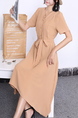 Beige Knee Length Button Down Wrap V Neck Dress for Casual Party Office