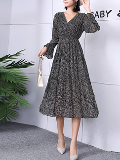 Black Long Sleeve Midi V Neck Dress for Party Evening Cocktail