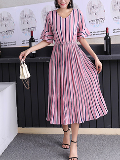 Pink and Black Fit & Flare V Neck Striped Midi Dress for Casual Party Office