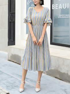 Gray and Yellow V Neck Midi Striped Dress for Casual Party