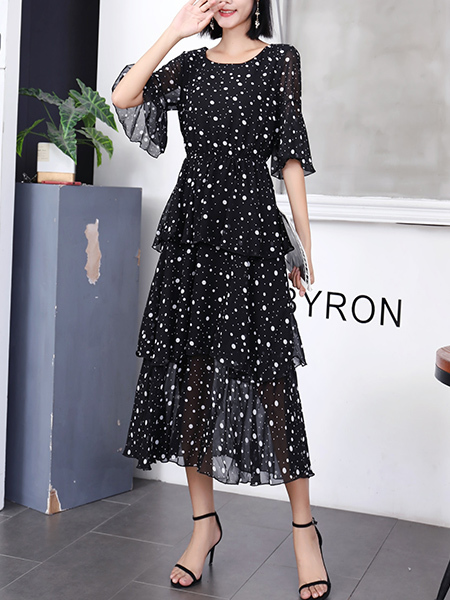 Black and White Midi Round Neck Polkadot Dress for Casual Party Evening Office