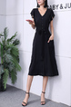 Black Knee Length Button Down Ribbon V Neck Dress for Casual Party Office Evening