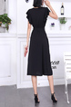 Black Knee Length Button Down Ribbon V Neck Dress for Casual Party Office Evening