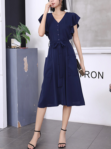 Blue Knee Length Button Down Ribbon V Neck Dress for Casual Party Office Evening