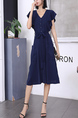 Blue Knee Length Button Down Ribbon V Neck Dress for Casual Party Office Evening