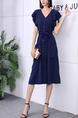 Blue Knee Length Button Down Ribbon V Neck Dress for Casual Party Office Evening