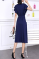 Blue Knee Length Button Down Ribbon V Neck Dress for Casual Party Office Evening
