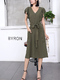 Dark Green Knee Length Button Down V Neck Ribbon Dress for Casual Party Office Evening