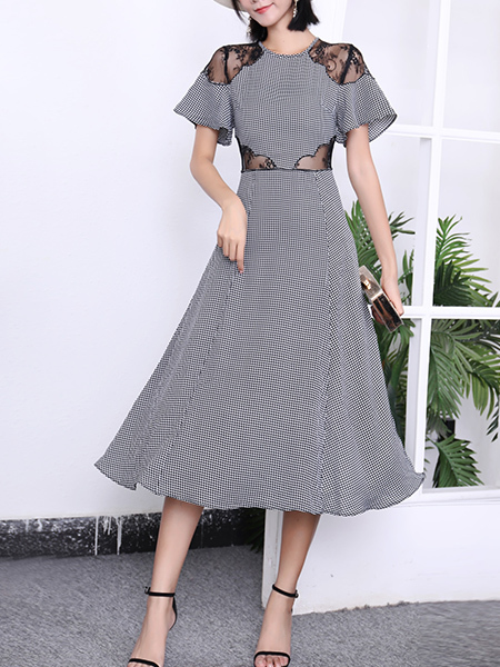 Black and White Midi Round Neck Lace Dress for Casual Party Office Evening