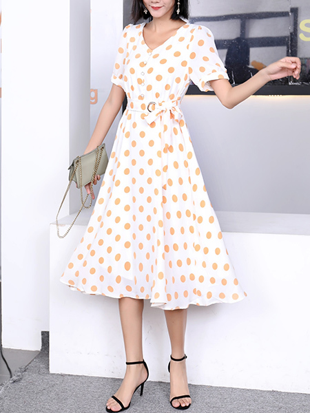White and Yellow Fit & Flare Ribbon Midi Polkadot Dress for Casual Party Office Evening