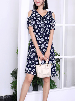 Blue and White V Neck Above Knee Plus Size Floral Dress for Casual Party Office Evening