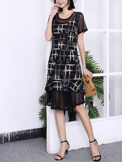 Black Shift Knee Length Plus Size Round Neck Dress for Casual Party Office Evening