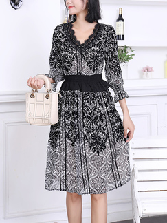 Black and White Fit & Flare Above Knee Lace Dress for Casual Party Office Evening