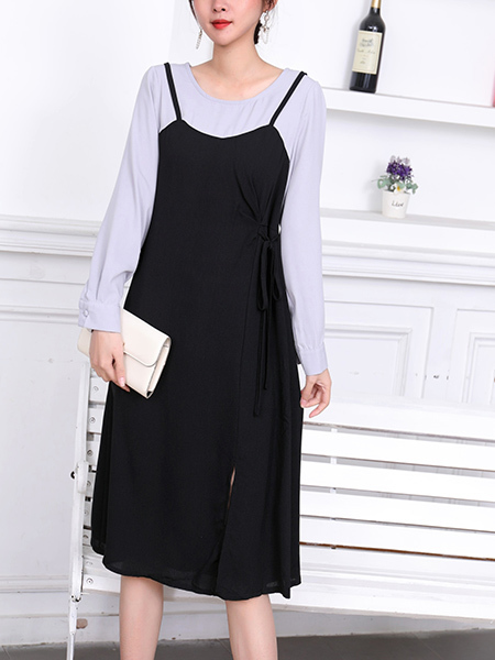 Black and Gray Shift Knee Length Plus Size Long Sleeve Dress for Casual Office Party