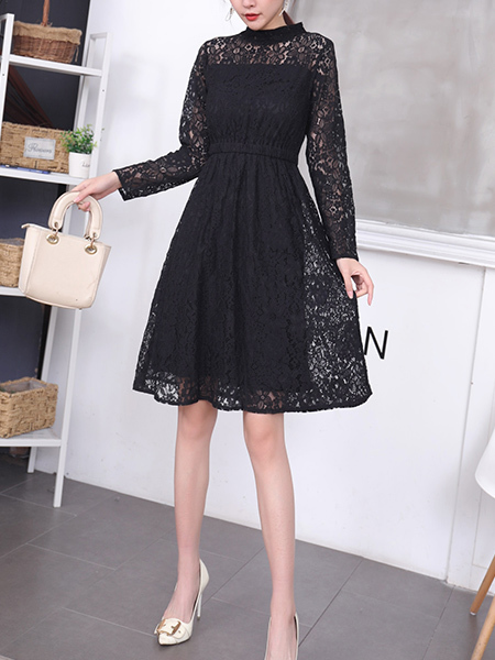 Black Above Knee Long Sleeve Lace Fit & Flare Dress for Party Evening Cocktail