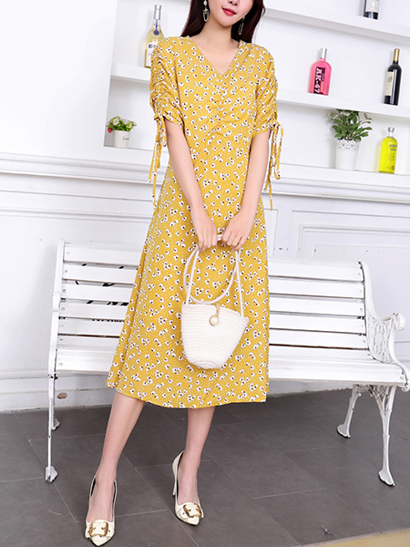 Yellow V Neck Midi Dress for Casual Party Office