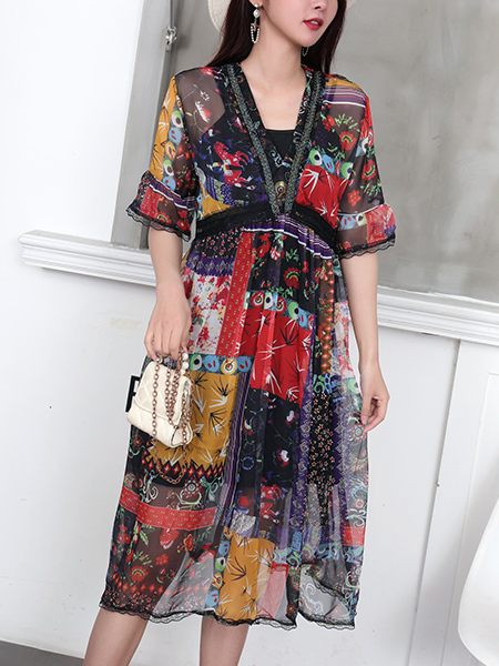 Colorful Lace Midi V Neck Dress for Casual Party Office