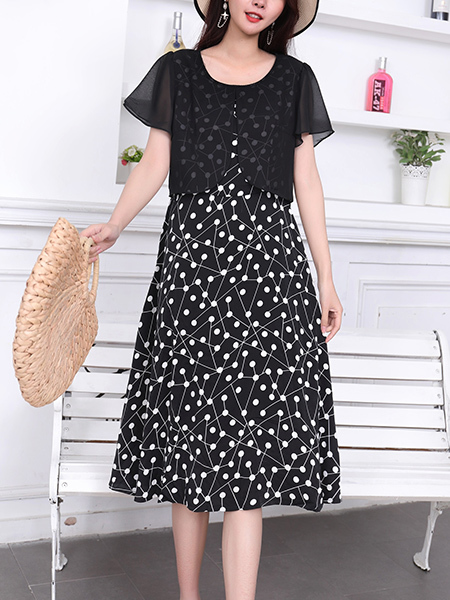 Black and White Knee Length Plus Size Dress for Casual Party Office