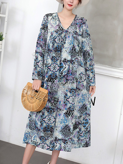 Colorful Midi V Neck Long Sleeve Plus Size Dress for Casual Party