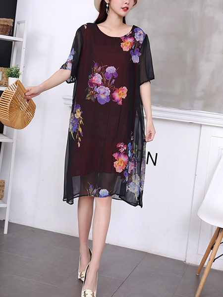 Black Colorful Shift Knee Length Dress for Casual Party Office