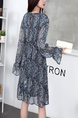 Blue Knee Length Long Sleeve Dress for Casual Party Office