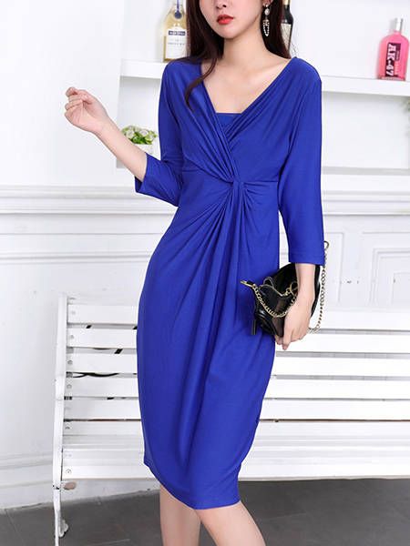 Blue Bodycon V Neck Long Sleeve Plus Size Dress for Party Evening Cocktail